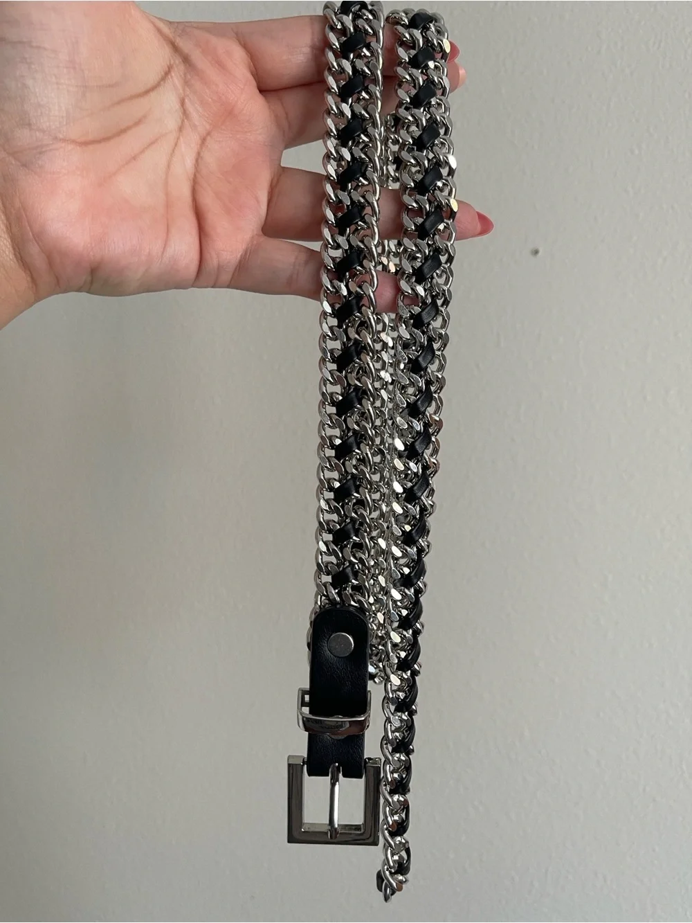 Womens Silver Chain Link Belt with Black Leather Accent